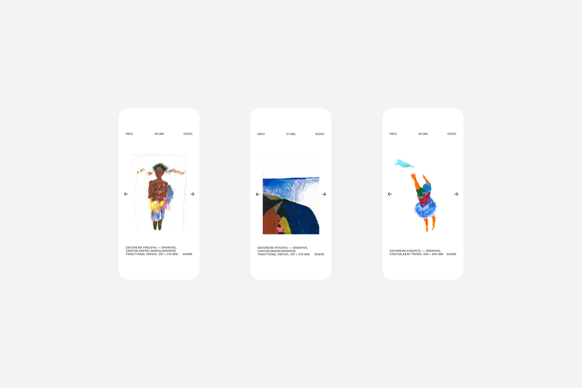 スマートフォンで作品を1点ずつ表示した3つの画面