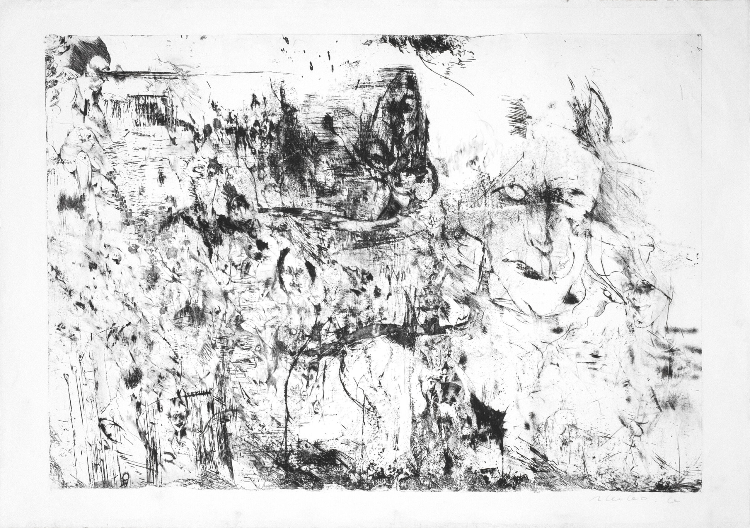 黒と白の激しい筆致で覆われた版画の作品