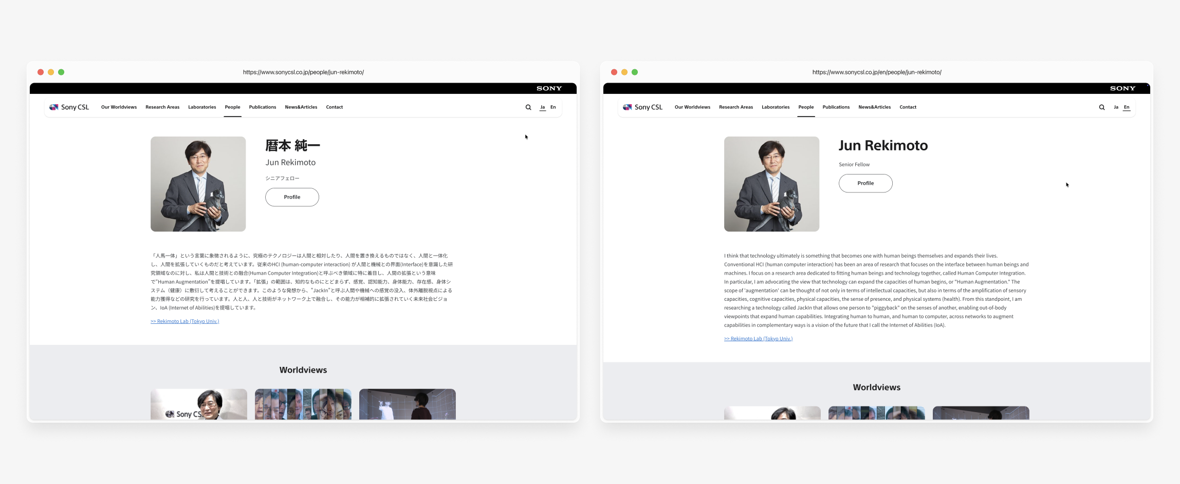 同じ研究員のページを日本語と英語で並べた画面